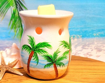 Hand Painted Tealight Wax Warmer, Painted Palm Trees on the Beach Design, Wax Warmer Home Decor, Fragrance Oil Warmer, Gift for Beach Lover