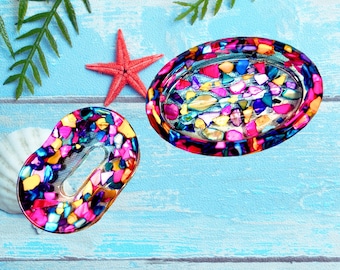 Handmade Resin Soap Dish, Tropical Soap Dish, Multi-Color Crushed Seashells, Bathroom Dish, Kitchen Dish, Beach House Gift, Home Decor