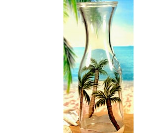 Hand Painted Glass Carafe 1-Litre Size, Palm Tree Design, Tropical Barware Glassware, Beverage Decanter, Palm Tree Vase, Beach House Decor