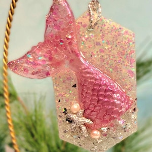 Pink Mermaid Tail Beach Ornament, Resin Mermaid Tail Christmas Ornament, Mermaid Tail Home Decor, Handmade Mermaid Tail Beach Gift
