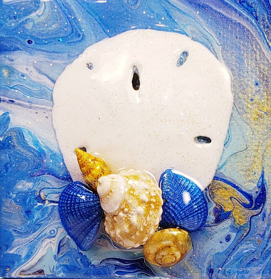 Mixed Media Fluid Painting on Canvas Embellished With Shells and a Sand Dollar FREE SHIPPING Etsy