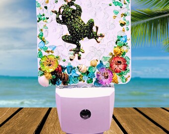 Rhinestone Frog Nightlight, LED Sensor Dusk till Dawn Nightlight, Bathroom Nightlight, Handmade Home Decor