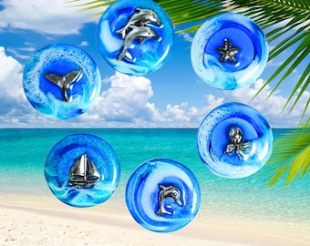 Coastal Magnets, Six Resin Art Magnets, Starfish Beach Magnets, Dolphin Ocean Magnet Decor, Resin Beach Magnets, Frig Ocean Decor