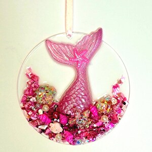 Pink Mermaid Tail Ornament, Sparkling Pink Embellishments, Sun Catcher, One-of-a-Kind Coastal Art, Beach House, Christmas Tree Decor image 5