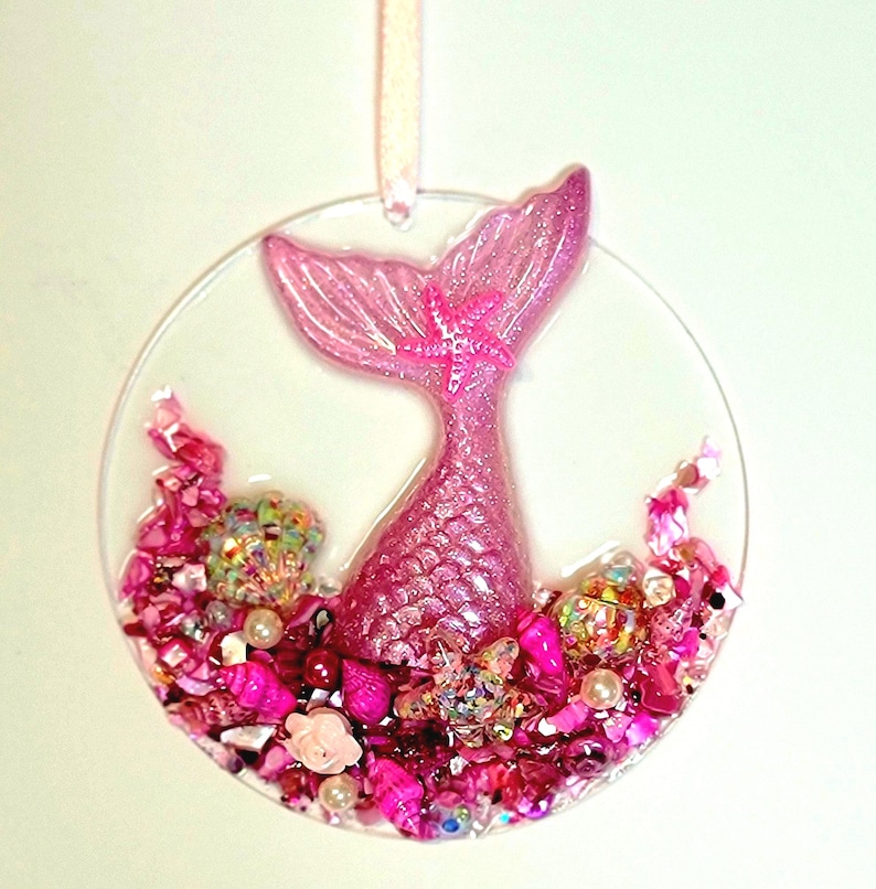 Pink Mermaid Tail Ornament, Sparkling Pink Embellishments, Sun Catcher, One-of-a-Kind Coastal Art, Beach House, Christmas Tree Decor image 5