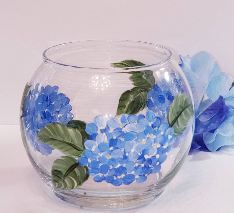 Candle Bowl Featuring Hand Painted Blue Hydrangea Flowers Etsy