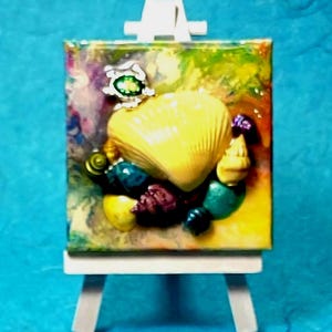Seashell Mini Canvas Painting, Mixed Media Coastal Art, Dimensional Beach Decor, Sea Turtle Embellishment, Tabletop Coastal Art, FREE Easel