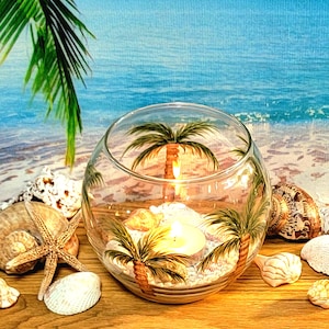 Hand Painted Glass Candle/Bowl Holder Featuring Palm Trees with Real Shells and Candle Included