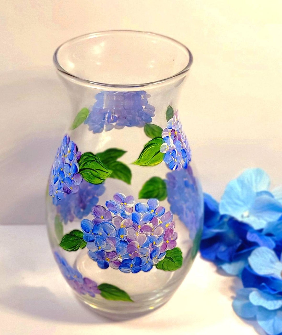 Blue Hydrangea Hand Painted Vase Glass Flower Vase Hydrangea - Etsy