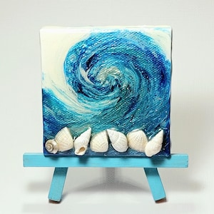 Mixed Media Fluid Mini Painting Featuring a Big Ocean Wave with Real Shells - FREE SHIPPING