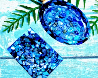 Handmade Resin Soap Dish, Coastal Ocean Colors, Beach House Decor, Crushed Turquoise Blue Seashells, Bathroom Dish, Beach House Gift