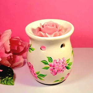 Ceramic Tealight Wax Warmer Featuring Hand Painted Pink Hydrangea Flowers, Bridal Party Gift Set, Mother&#39;s Day, Aromatherapy Home Decor