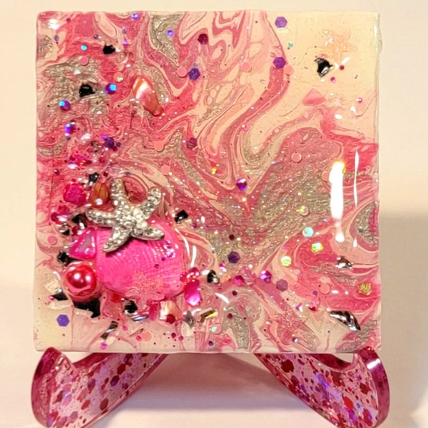 Mixed Media Mini Abstract Canvas Painting Embellished with Seashells, Acrylic Pouring Pink Beach Art with Display Easel