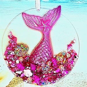 Pink Mermaid Tail Ornament, Sparkling Pink Embellishments, Sun Catcher, One-of-a-Kind Coastal Art, Beach House, Christmas Tree Decor image 4