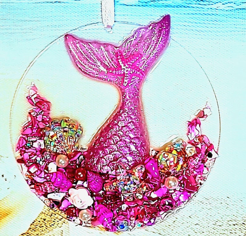 Pink Mermaid Tail Ornament, Sparkling Pink Embellishments, Sun Catcher, One-of-a-Kind Coastal Art, Beach House, Christmas Tree Decor image 4