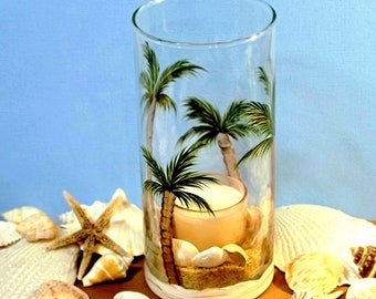 Hand Painted Glass Candle Holder Featuring Palm Trees with Real Shells and Candle Included