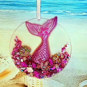 Pink Mermaid Tail Ornament, Sparkling Pink Embellishments, Sun Catcher, One-of-a-Kind Coastal Art, Beach House, Christmas Tree Decor image 3