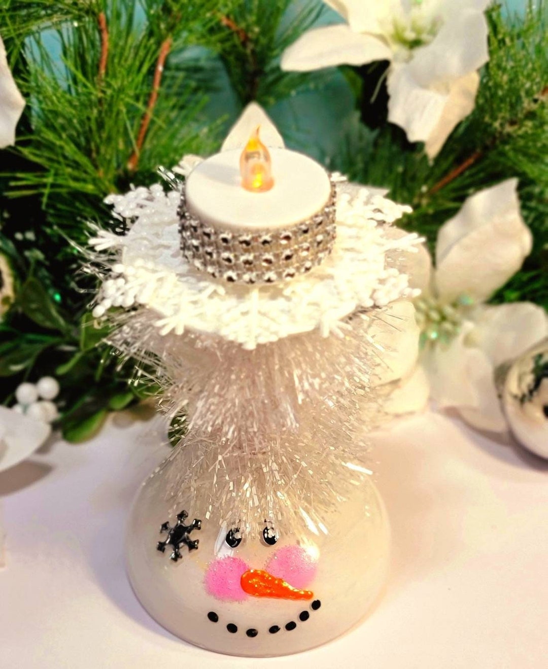 Hand Painted Snowman Wine Glass Candle Holder, Snowman LED Votive