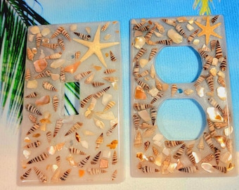 Handmade Seashell Switch Plate Covers, Coastal Toggle Switch Plates, Seashells and Starfish Outlet Covers, Seashell Outlet Size Options
