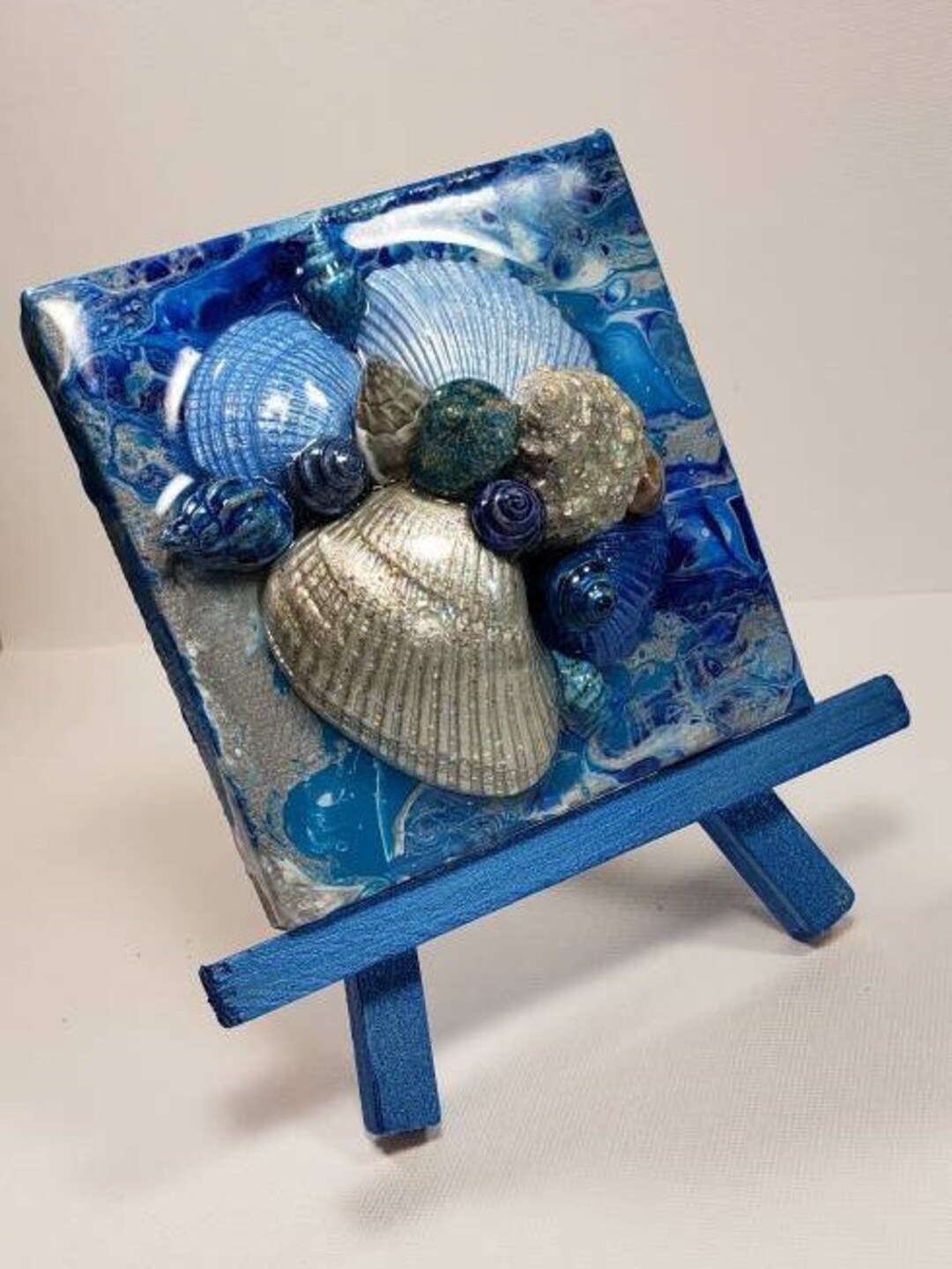 Mixed Media Fluid Painting on Canvas Embellished With Painted Shells FREE EASEL and SHIPPING Etsy