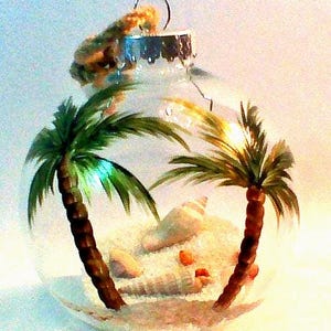 Hand Painted Palm Tree Ornament with a Sandy Beach Inside and FREE Personalization