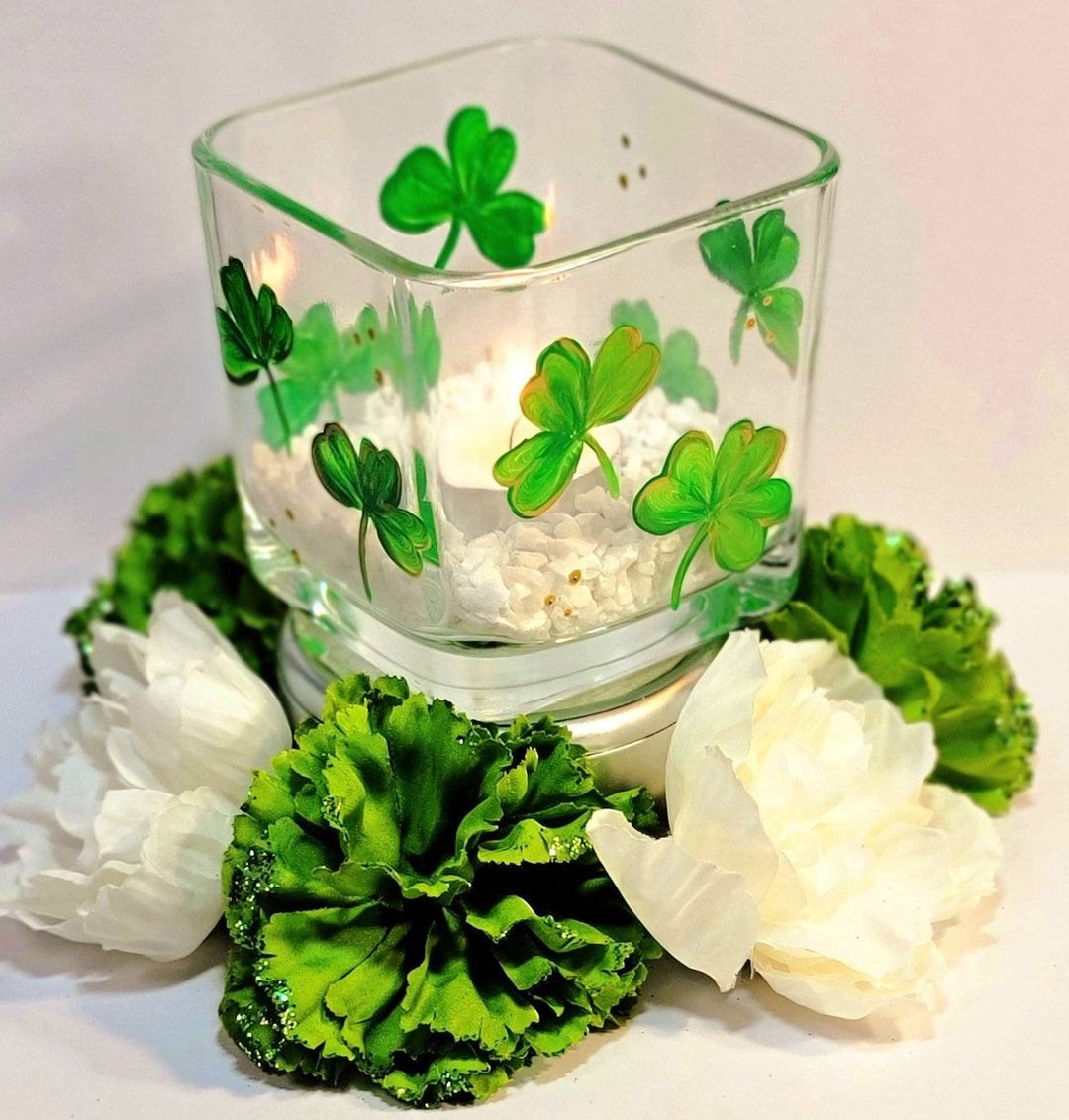 Hand Painted Glass Candle Holder Featuring Shamrocks, Irish Candle