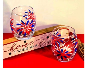 Patriotic Candle Holder Set, Hand Painted Fireworks Design, 4th of July Party Decor, USA Holiday Table Accessory, Memorial Day Celebration