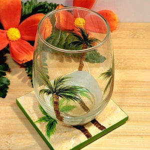 Hand Painted Stemless Wine Glasses Featuring Tropical Palm Trees, Individual Glass Option, Two Glass Set Option, FREE Personalization