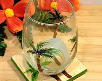 Hand Painted Stemless Wine Glasses Featuring Tropical Palm Trees, Individual Glass Option, Two Glass Set Option, FREE Personalization