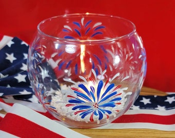 Patriotic Candle Bowl, Hand Painted Fireworks Design, 4th of July Party Bowl, Red White and Blue USA Holiday Table Art, Housewarming Gift