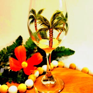 Hand Painted Palm Tree Wine Glass, Tropical Theme Glassware, Individual Glass or in Sets, FREE Optional Personalization, Beach Wedding Gift
