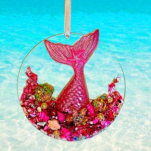 Pink Mermaid Tail Ornament, Sparkling Pink Embellishments, Sun Catcher, One-of-a-Kind Coastal Art, Beach House, Christmas Tree Decor image 2