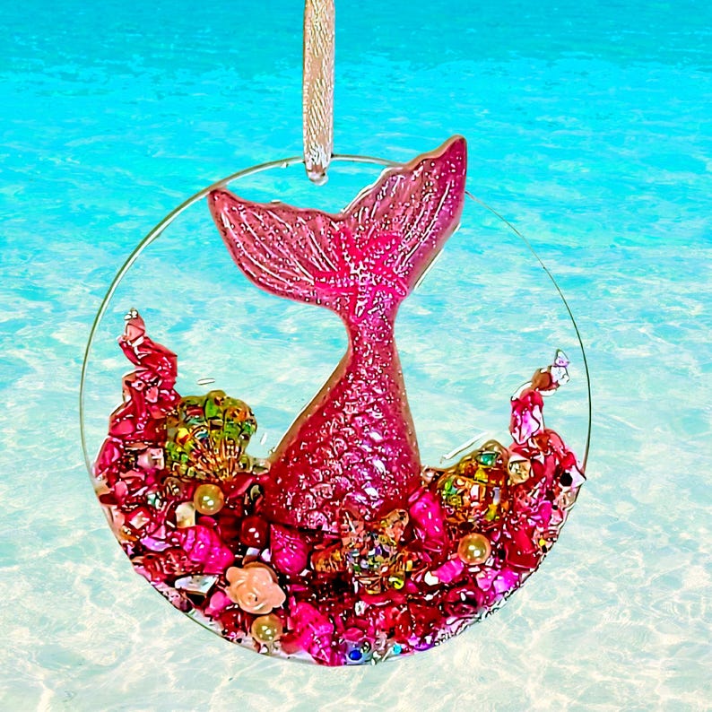 Pink Mermaid Tail Ornament, Sparkling Pink Embellishments, Sun Catcher, One-of-a-Kind Coastal Art, Beach House, Christmas Tree Decor image 2
