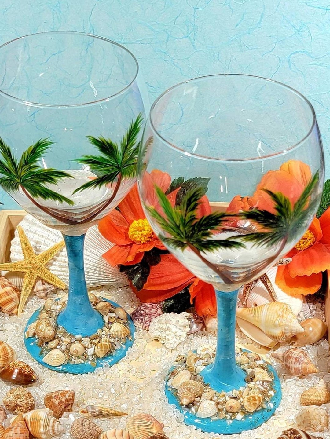 Set of Two Hand Painted Palm Tree Wine Glasses With Real Etsy