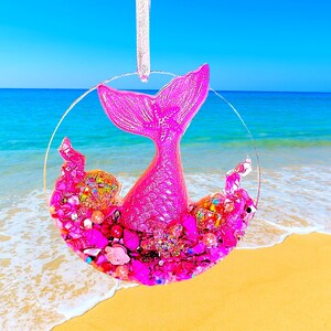 Pink Mermaid Tail Ornament, Sparkling Pink Embellishments, Sun Catcher, One-of-a-Kind Coastal Art, Beach House, Christmas Tree Decor image 1