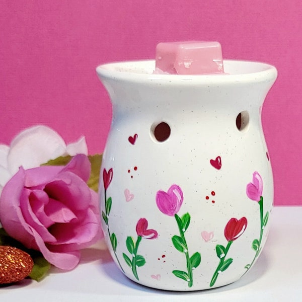 Hand Painted Ceramic Tealight Wax Warmer Featuring Hearts, Gift for Girlfriend, Home Decor, Decorative Fragrance Warmer, Birthday Present