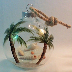 Hand Painted Palm Tree Ornament with a Sandy Beach Inside and FREE Personalization