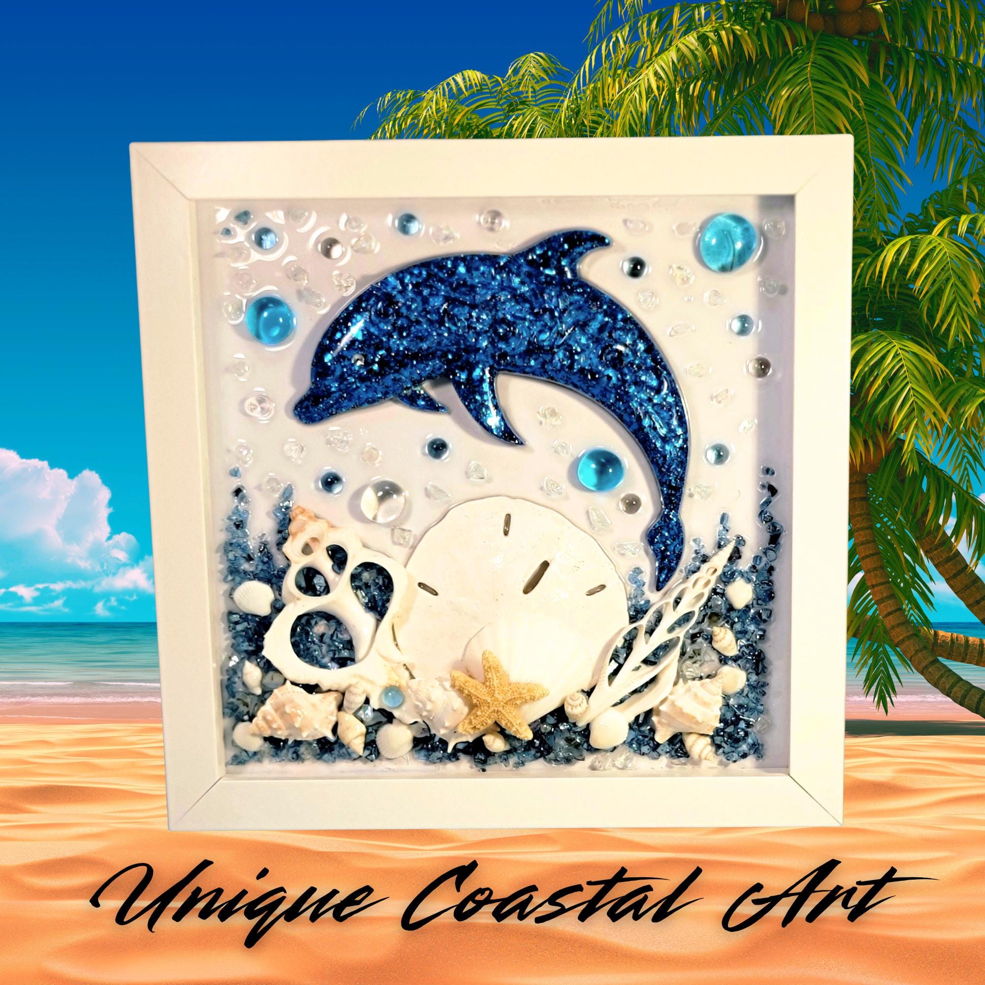 Dolphin Shadow Box Art, Seashell Framed Decor, Beach House Decor, One ...