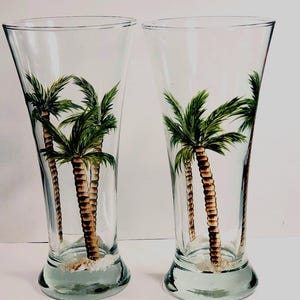 Hand Painted Palm Tree Pilsner Glasses-  Set of Two Glasses-Palm Tree Decor-Palm Tree Glasses-Painted Palm Tree Beer Glasses-Pilsner Glass
