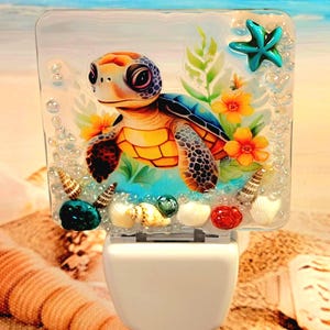 Sea Turtle Seashell LED Nightlight, Beach Theme Plug in Night Light, Sea Turtle Lover Gift, Beach House Decor, Sea Turtle Wall Light
