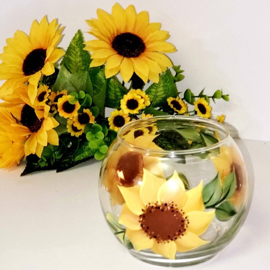 Sunflower Hand Painted Glass Bowl Candle Holder Potpourri Etsy