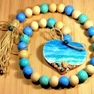 Farmhouse Beach Theme Wood Bead Garland, Tier Tray Decor, Beach House Decor, Ocean Resin Heart Decor