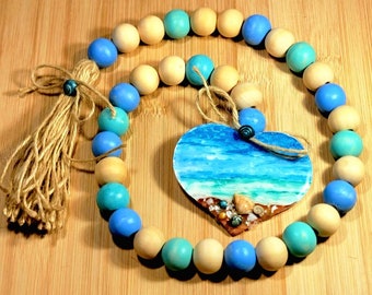Farmhouse Beach Theme Wood Bead Garland, Tier Tray Decor, Beach House Decor, Ocean Resin Heart Decor