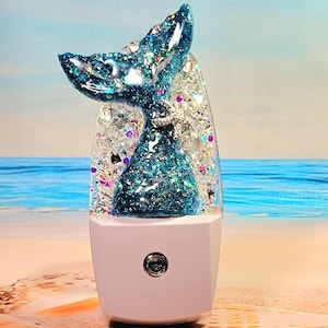 LED Sensor Mermaid Tail Nightlight, Coastal Lighting Decor, Embellished Blue Mermaid Tail, Ambient Lighting, Beach House Decor, Mermaid Gift