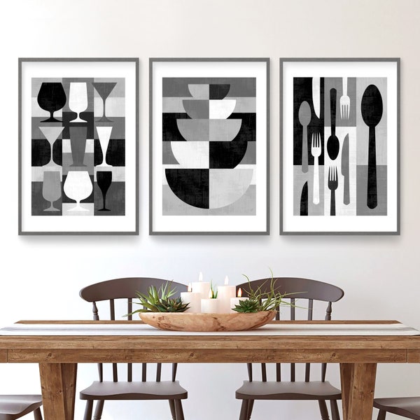 Black and White Art for Dining Room Gray Kitchen Wall Art Set of 3 Prints, Mid Century Modern Kitchen Art Neutral Contemporary Art Printable
