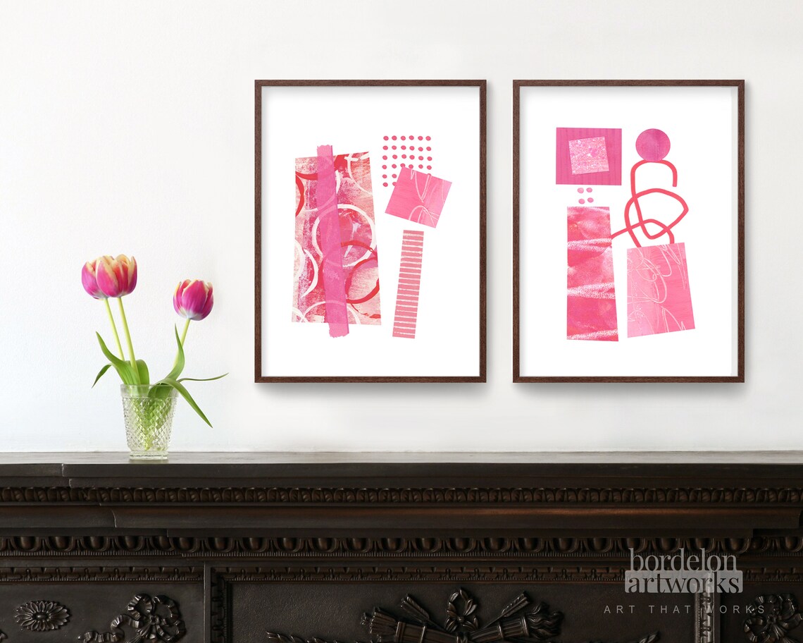Pink Wall Art Set of 2 Prints Pink Abstract Art Printable Etsy