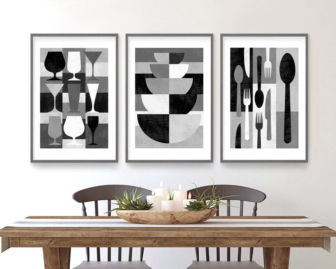 Black and White Art for Dining Room Gray Kitchen Wall Art Set | Etsy