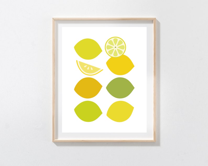 Mid Century Modern Art Minimalist Print Blueberries Kitchen Wall Decor Lemons Set of 6 Piece Print Fruit Art Prints Home Decor Gift