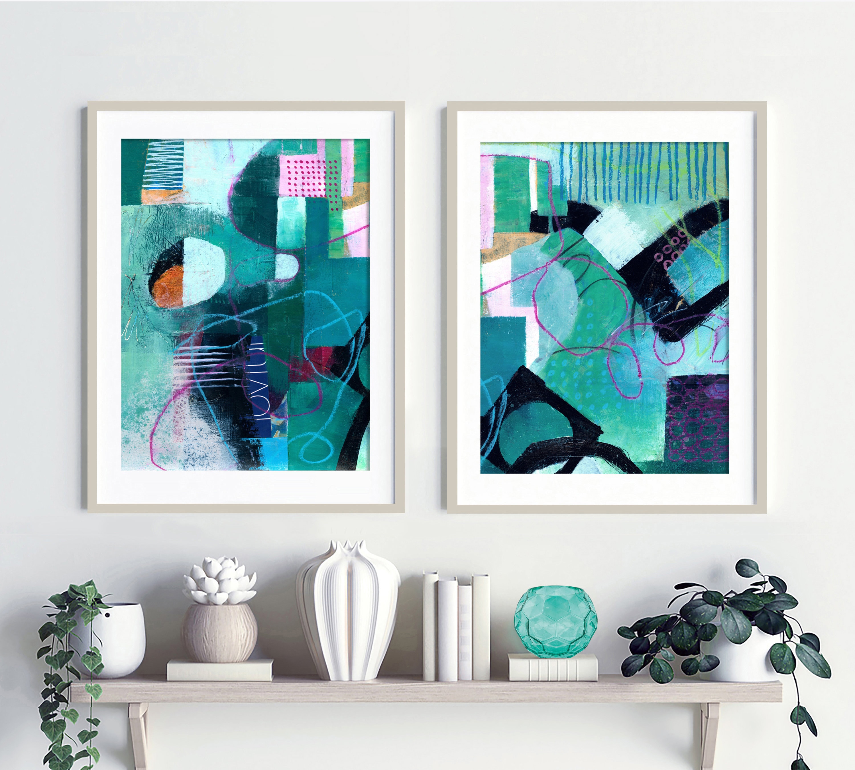 Tall Vertical Blue Wall Art, Teal Turquoise Aqua Gray White, Abstract  Painting Canvas Art Print 