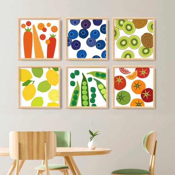 Pop Art Fruit Vegetable Art, Fruit Wall Art Square Print, Kitchen Poster Set of 6 Prints, Modern Kitchen Art Foodie Gift, Lemon Peas Veggie